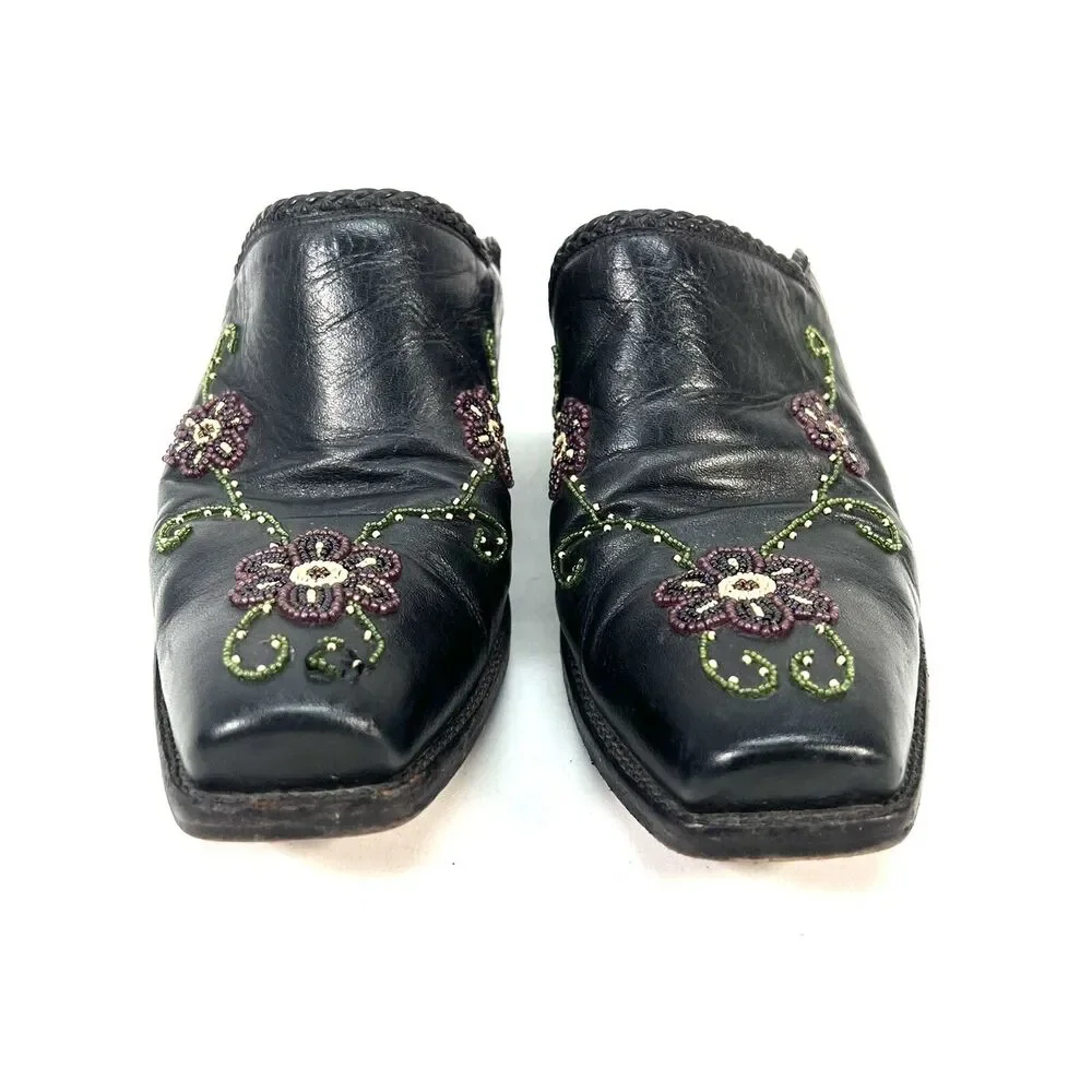 Tres Outlaws Hand Beaded Black Leather Mules Boots Booties Square Toe Size 7C